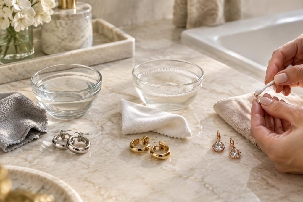 découvrez comment nettoyer vos boucles d’oreilles en argent, en or ou plaquées, avec des méthodes adaptées à chaque matière pour les préserver et leur redonner de l’éclat.