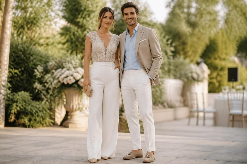 découvrez nos idées de tenues élégantes avec un pantalon blanc pour un mariage, adaptées pour femme et homme, pour un style chic et raffiné lors de votre cérémonie.