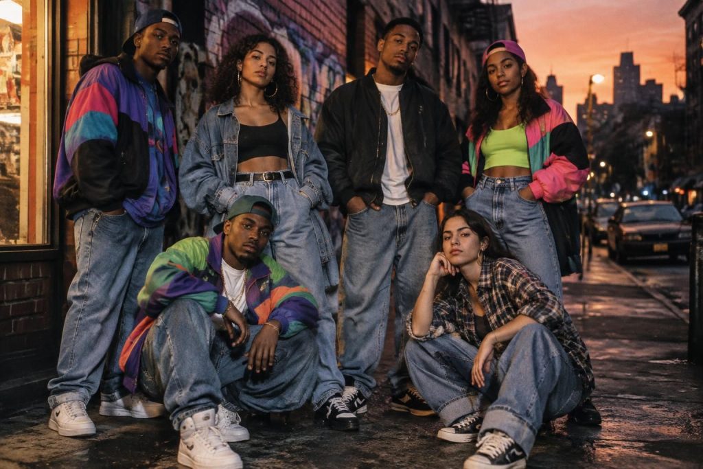 revivez les années 90 avec des idées de looks pour homme et femme : denim, pièces rétro et style hip-hop fluo pour une tenue pleine de caractère.